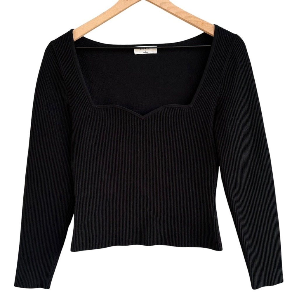 Babaton Aritzia Sculpt Knit Sweetheart Neck Long Sleeve Ribbed Top Black Large